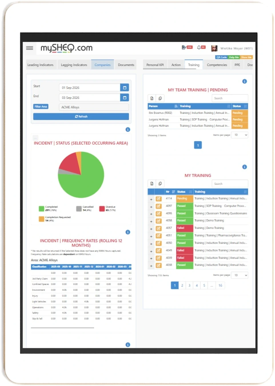 mySHEQ training dashboard on a tablet